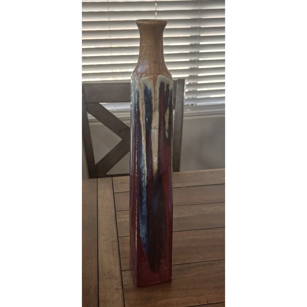 Vintage Tall Studio Art Pottery Square Vase Drip Glaze Crimson Blue 19x3